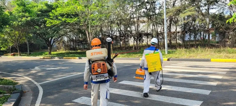 Kỹ thuật viên khảo sát môi trường trước khi phun thuốc muỗi Kỹ thuật viên khảo sát môi trường trước khi phun thuốc muỗi